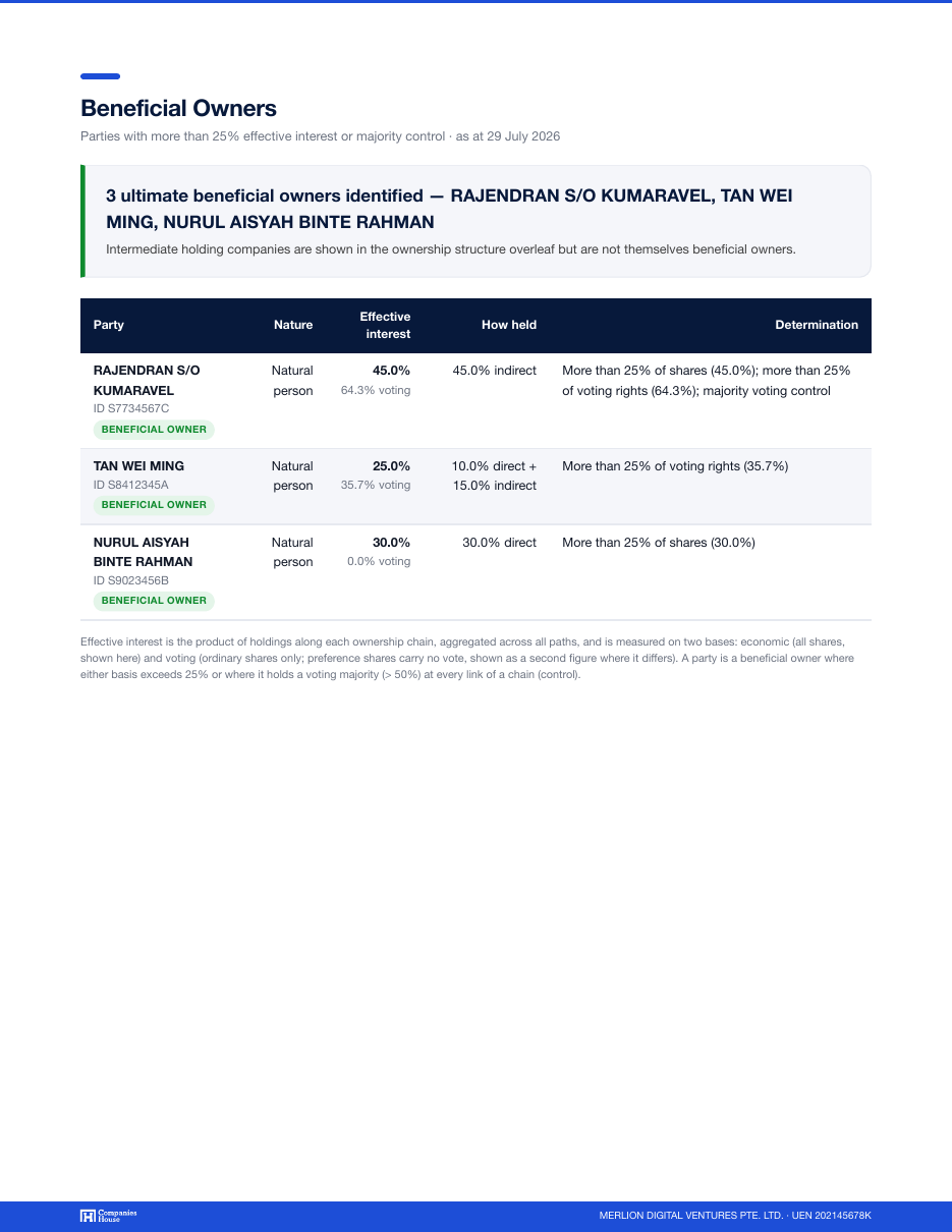 Ultimate ownership summary page from a Companies House Singapore Ultimate Ownership Report