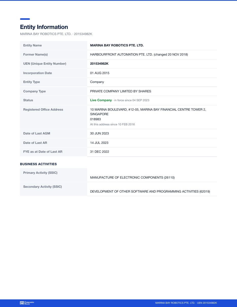 Entity Information page of a Companies House Singapore Business Profile report