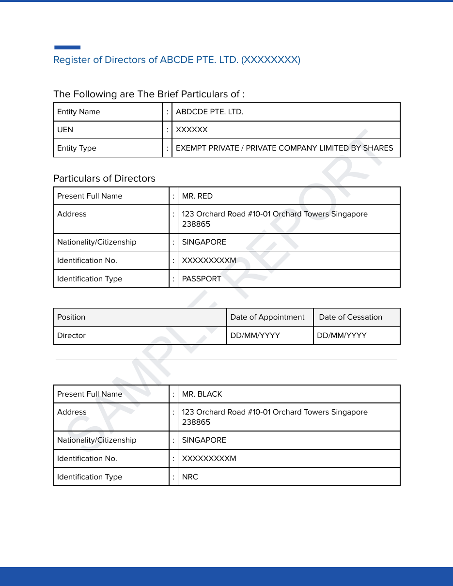 Particulars of directors page from a Companies House Singapore Register of Directors report