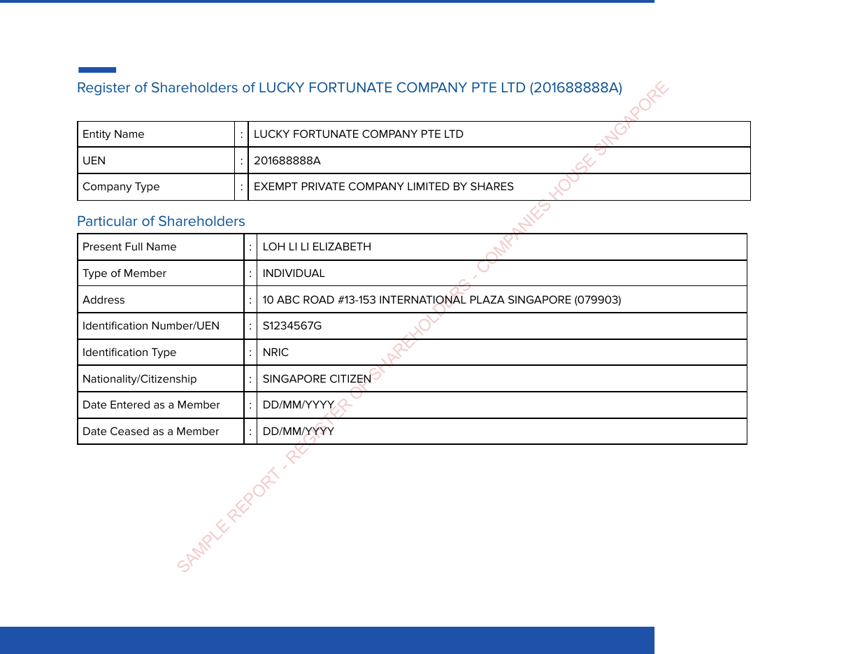 Shareholding record page from a Companies House Singapore Register of Shareholders report